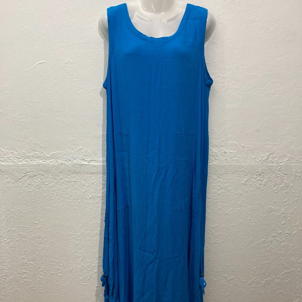 Water Lily Women Sleeveless Maxi Dress Pockets Tie up Blue Beach Resort Gauze L